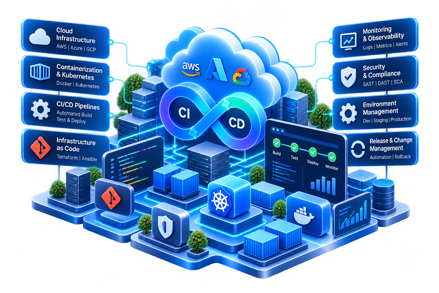 Delivery pipeline connecting engineering, cloud environments, release automation and observability