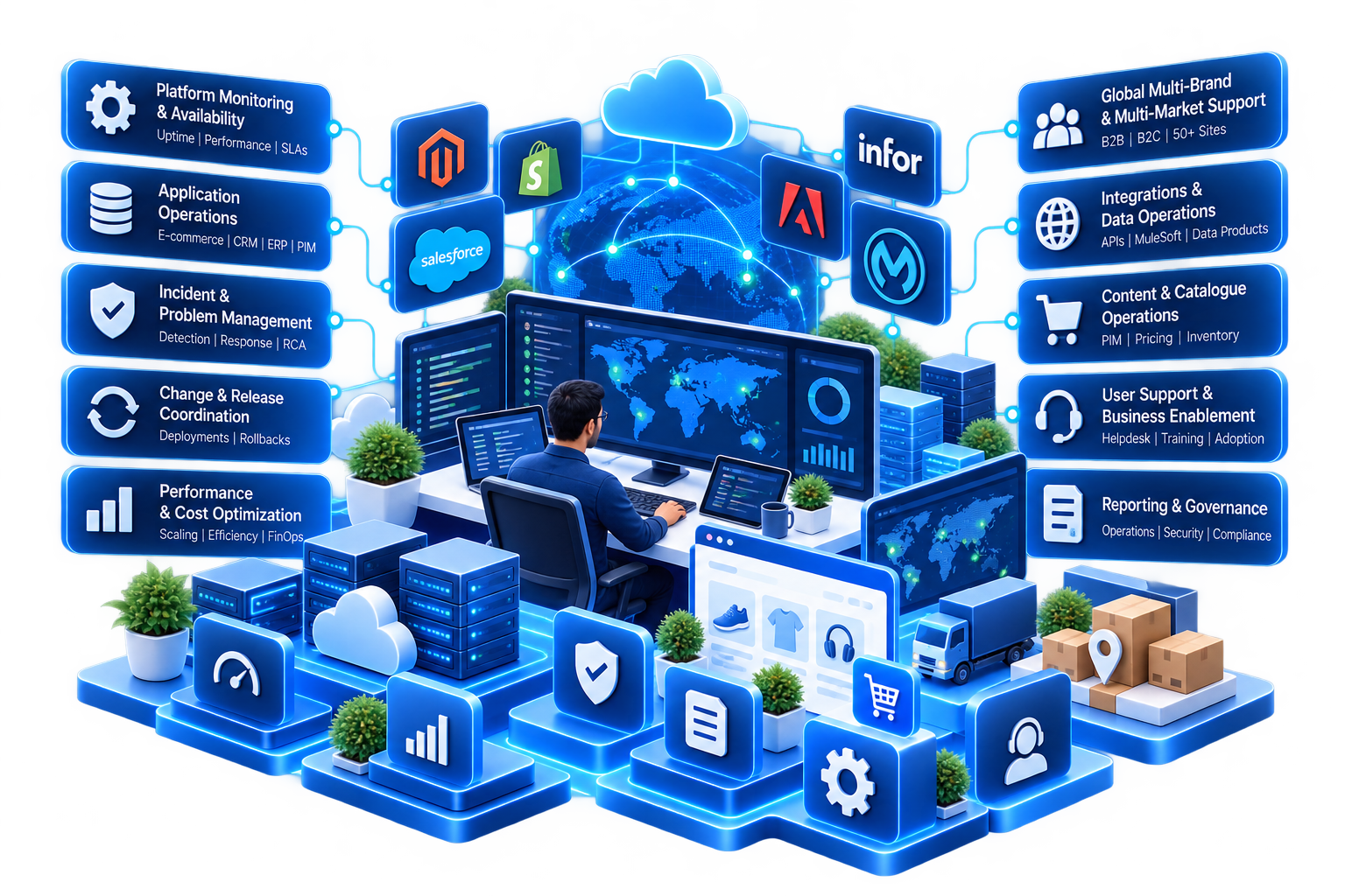 Operational feedback loop connecting platform health, support, releases and continuous improvement