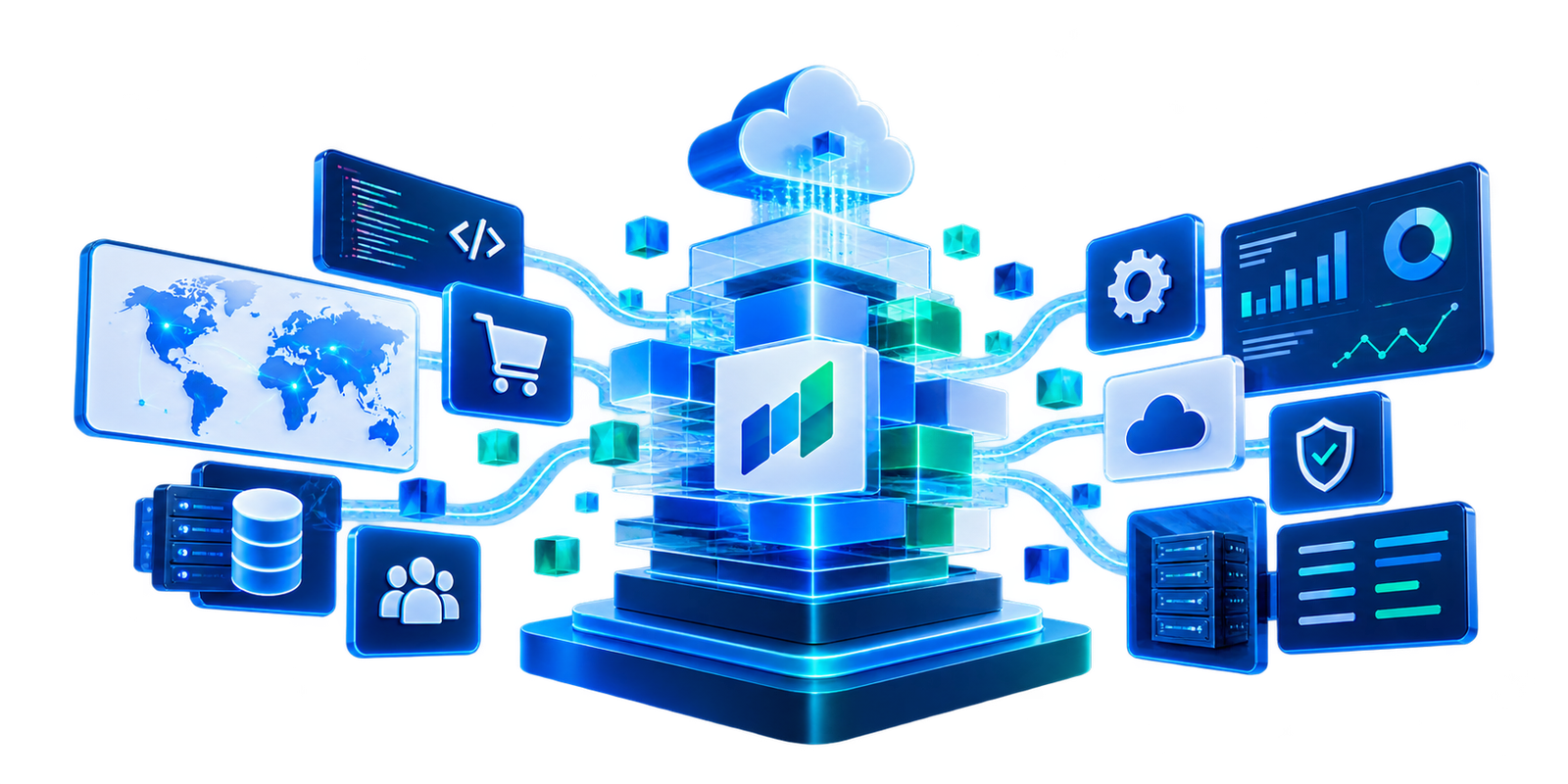 Connected Metrics Corner technology ecosystem spanning architecture, commerce, engineering, AI and digital operations
