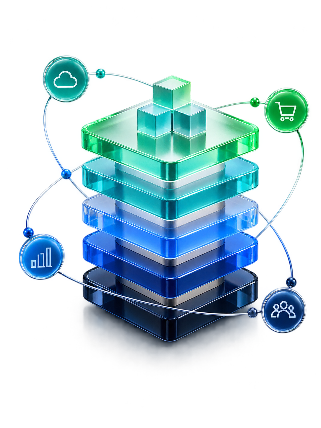Connected technology layers representing architecture, platforms, data and engineering