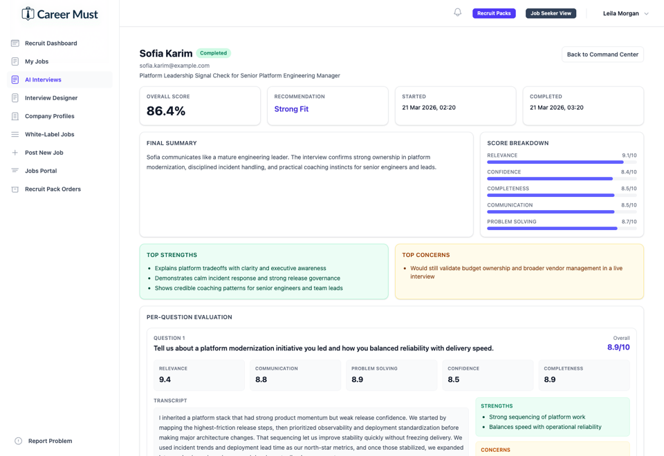 CareerMust AI interview assessment with structured score breakdown and evidence
