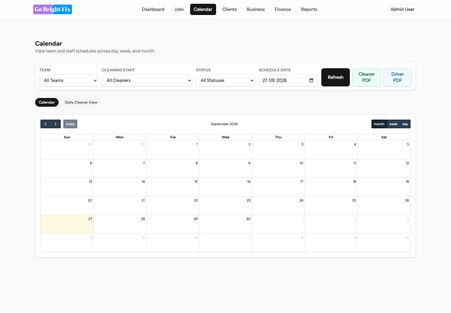 GoBrightFix workforce scheduling calendar without customer information