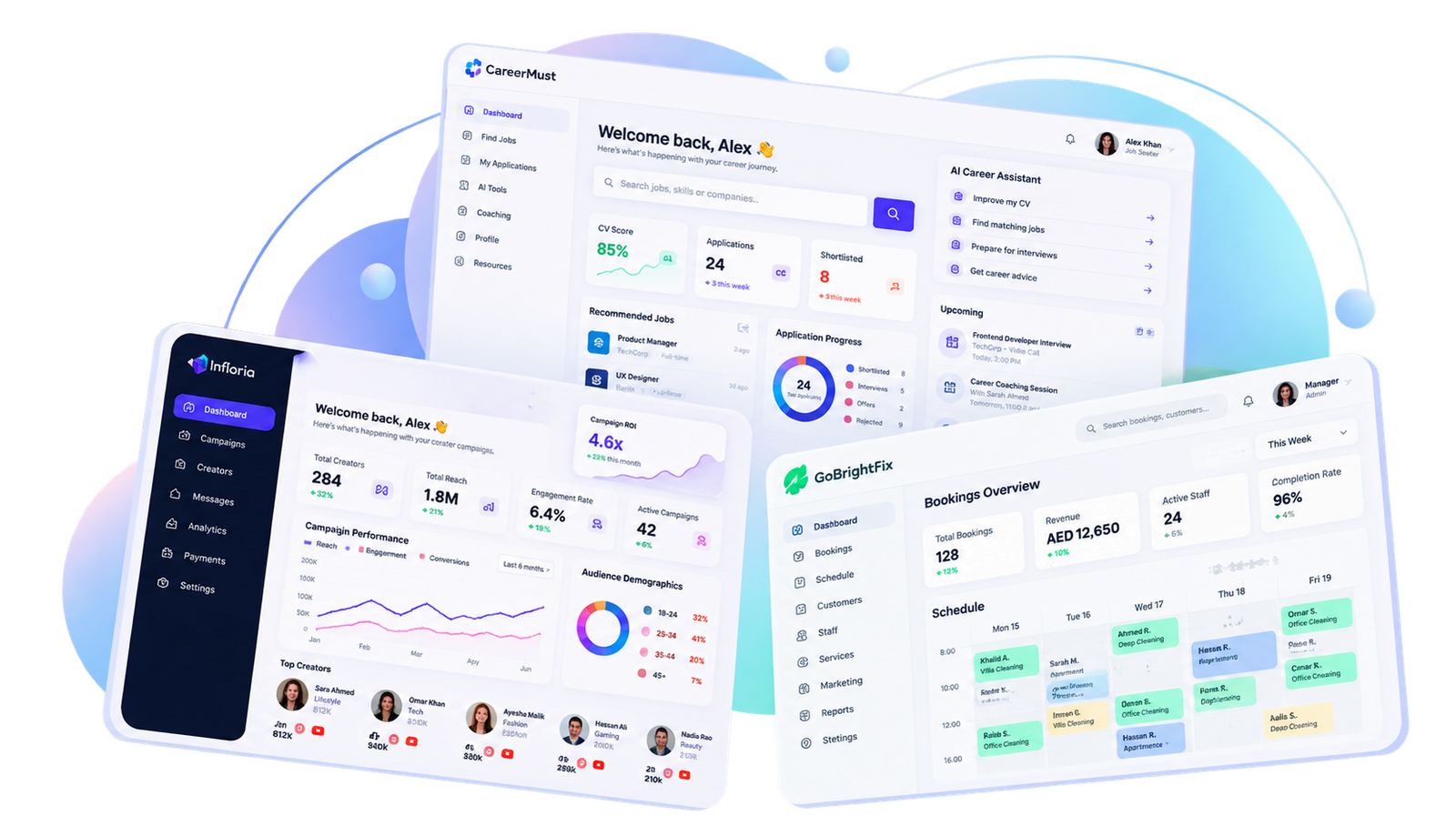 CareerMust, Infloria and GoBrightFix product interfaces